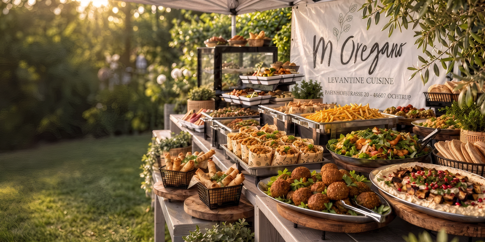 Levantinisches Cateringbuffet von M’Oregano im Freien