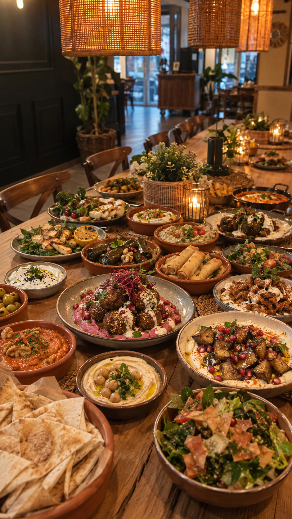 Reich gedeckte Tafel im warm beleuchteten Restaurant
