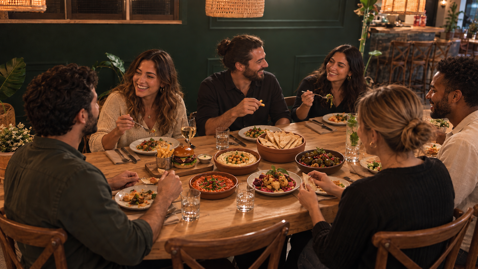 Freunde teilen levantinische Gerichte an einem großen Tisch